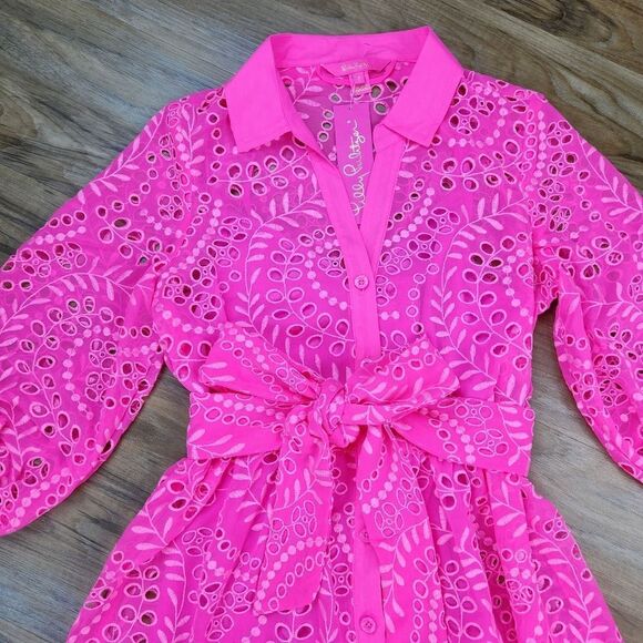 🩵NWT Lilly Pulitzer Pink Isle Amrita Swirly Fern Scalloped Eyelet Dress Size 2 - Picture 6 of 15
